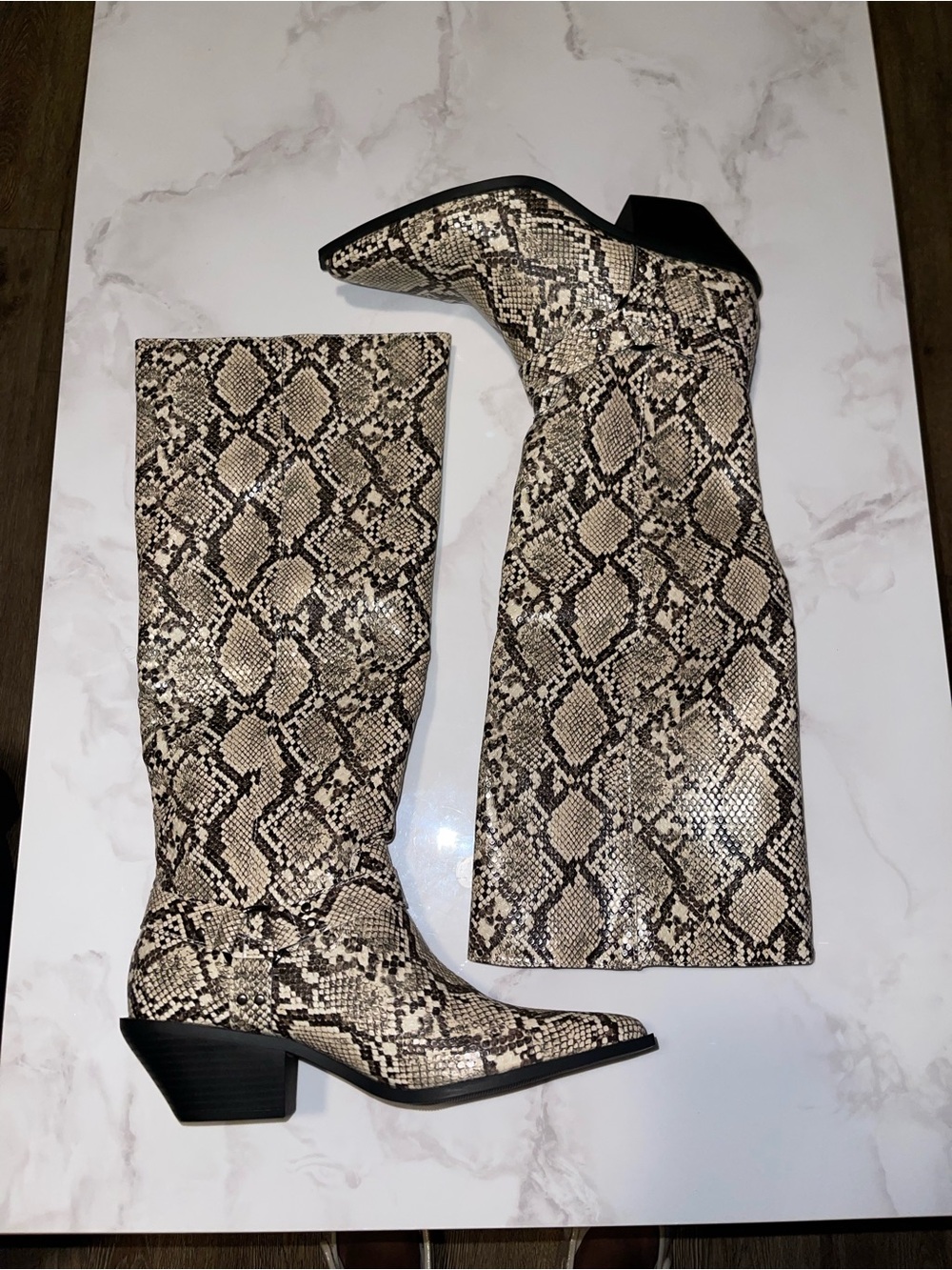 Over-the-Knee Snake-Print Boots in Neutral Taupe